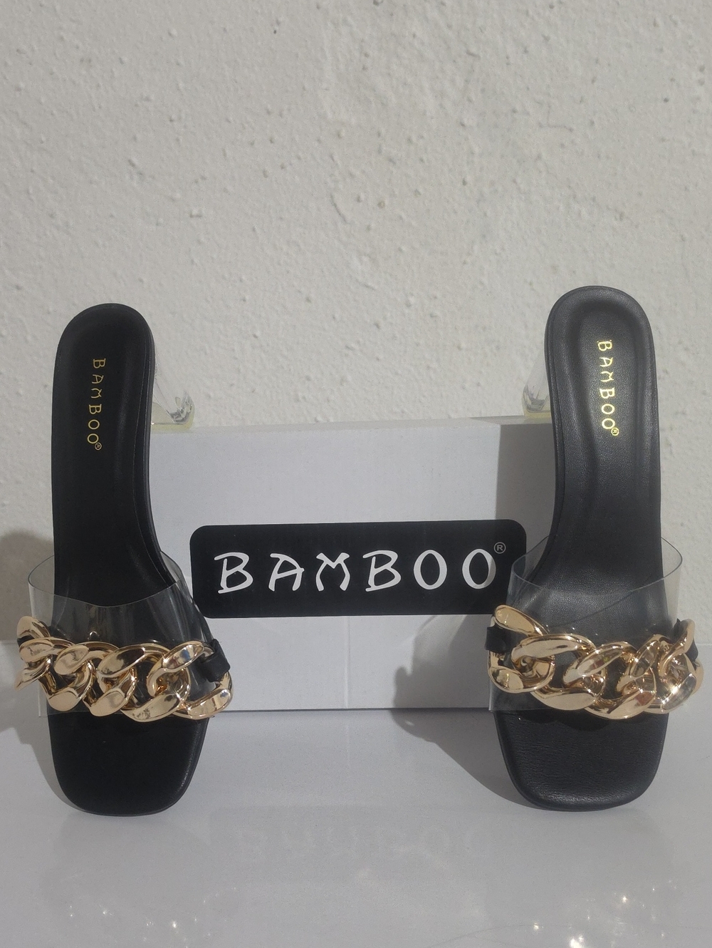 BAMBOO LUCENT Black Slide Mules with Gold Chain Accent